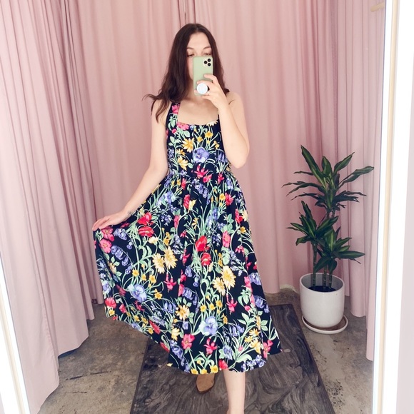 Vintage 80s 90s Floral Halter Midi Dress 6 - Picture 3 of 16